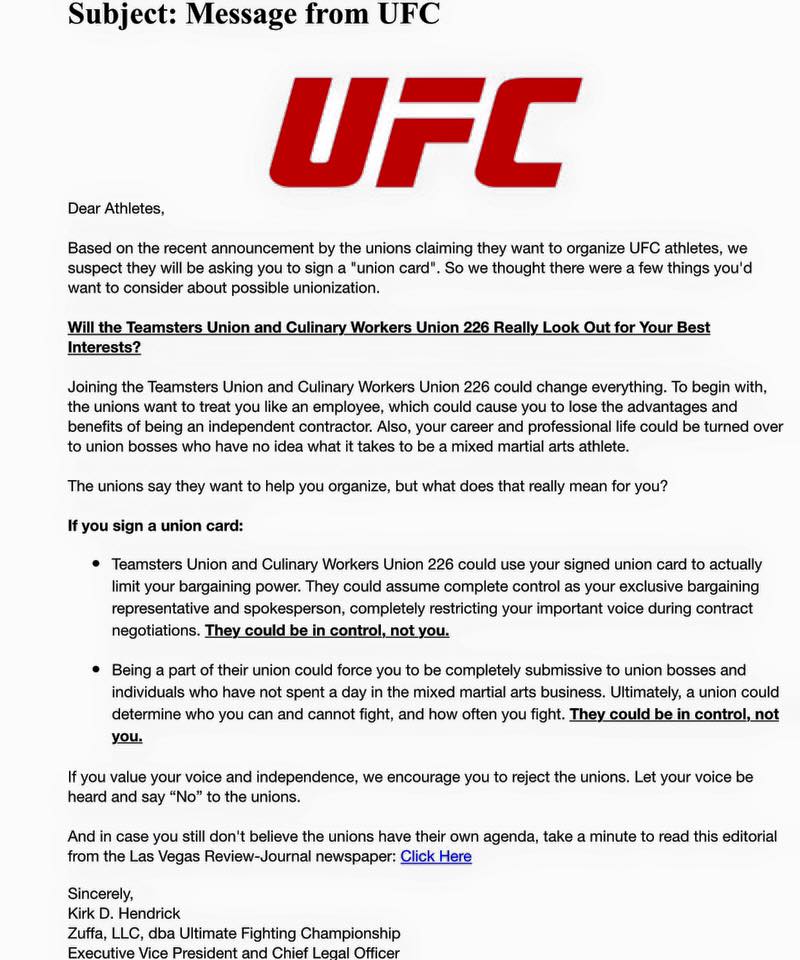 Leaked UFC email telling fighters not to join union Sherdog Forums