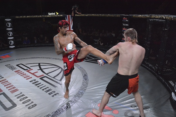 Kendall Grove with a front kick against Danny Mitchell. Photo courtesy Global Warrior Challenge