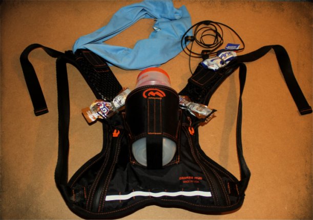 The Orange Mud HydraQuiver hydration pack fully loaded.